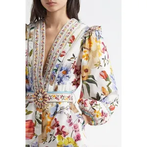 NWOT Farm Rio Greek Garden Long Sleeve Plunge Neck Cotton Romper Size XS thumbnail 2
