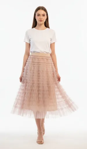 Ruffled Tulle Midi Skirt Beige Women’s Size L thumbnail 1