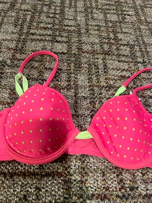 Pink polka dot bra with green accents #bra #summer thumbnail 2