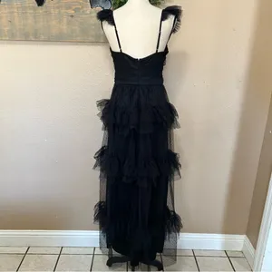 Lulus Black Swiss Dot Tiered Maxi Dress Open Back Mesh Formal Wedding Guest M thumbnail 5