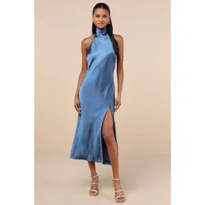 NWT Lulus Exceptional Status Blue Halter Backless Slip Midi Dress Party Size M thumbnail 2