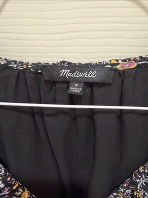 Madewell Floral Ruffle Neck Short Sleeve Dress Black Multicolor Medium Mini thumbnail 3
