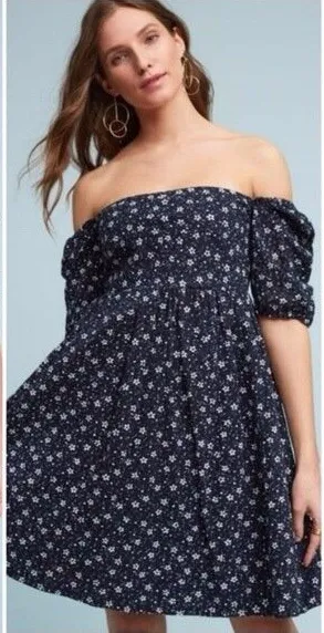 Anthropologie Maeve Lillianne Navy Eyelet Floral Babydoll Dress Women's size‎ 0 thumbnail 1