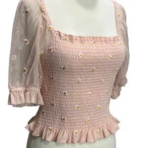 Altar'd State Smocked Top Women M Pink Embroider Daisy Ruffle Coquette Feminine thumbnail 3
