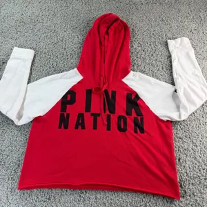 Pink Victoria's Secret Nation Hoodie Red White Colorblock Cropped Pullover L thumbnail 1