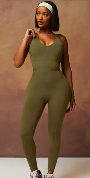 Fabletics Motion 365 onesie in olive green features a racerback design thumbnail 1