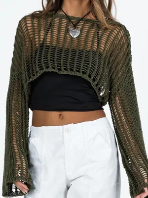 Princess Polly Kennedy Cropped Sweater Olive thumbnail 1