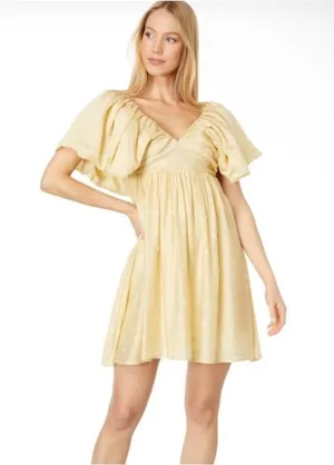 Anthropologie Moon River Butter Yellow polk a dot puff sleeve mini dress summer thumbnail 1