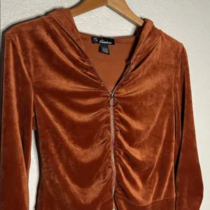 Rust Orange Velvet Crop Hoodie Full Zip Y2K Long Sleeve Ruched 70s Fall thumbnail 2