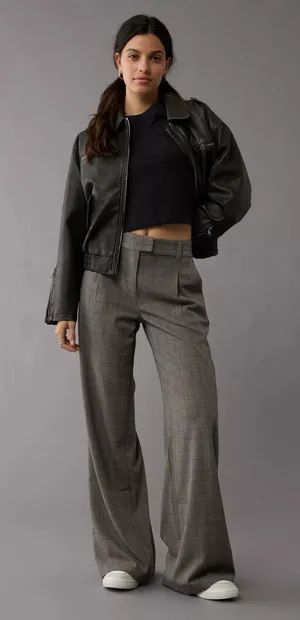 American Eagle Poppy Trouser Wide Leg Grey Plaid Academia Career Pant Size 12 thumbnail 1
