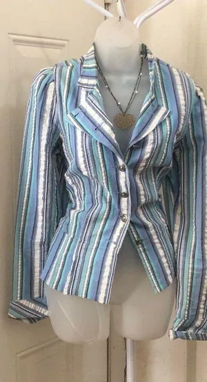 2000s Retro Blue white striped funky blazer jacket shirt top blouse button-up down long sleeve office siren core Size 12/L-Measurement in pics thumbnail 1