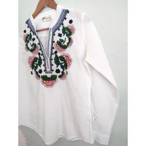 Boho Embroidered Tunic Blouse Cotton Peasant Top White Floral Resort Coverup M thumbnail 8