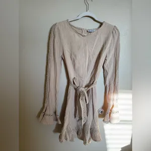 Hello Molly Follow My Lead Linen Mini Dress Sz Small‎ Beige Flare Sleeve NEW thumbnail 7