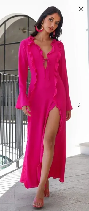 NEW Runaway The Label Oxana Dress Long Sleeve Hot Pink Ruffle Coquette Small thumbnail 1