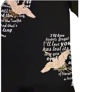 Comaekar Black Graphic‎ T-Shirt Dress Sequin Crane Bird Script Long Sleeve Mini thumbnail 9