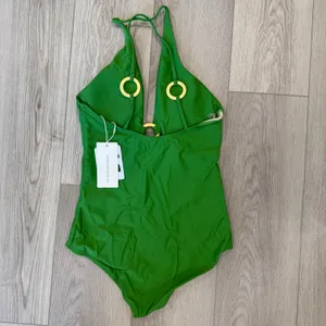 Commense Resort Vacation Ring Detail Cutout Halter One Piece Swimsuit Green M thumbnail 4