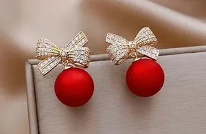 Gorgeous Holiday Bow with Red Shiny Ball Earrings thumbnail 2