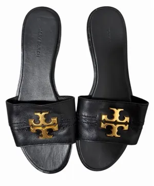 Tory Burch Everly‎ Calf Leather Gold Logo Slide Sandals Black Women's Size 7M thumbnail 1
