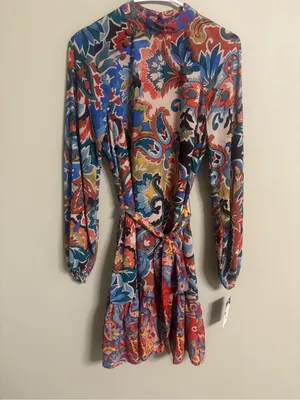Tahari Multi Floral Paisley Mock Neck Long Sleeve Tie Belt Dress Size 2 / XS New thumbnail 2