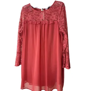 As U Wish Womens 1X‎ Coral Pink Lace Long Sleeve Ruffle Shift Dress A8071104 thumbnail 2