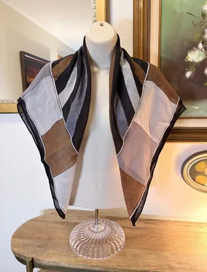 Vintage Pure Wool Scarf 32 Square Brown Gray Black Geometric Mod Colorblock thumbnail 1