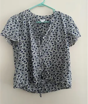 J. Crew 100% Cotton Navy Floral Print Short Sleeve Tie-Front Top Blouse Women S thumbnail 1