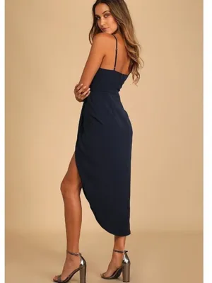 Lulus NWT Reinette Navy Blue Midi Dress Spaghetti Strap Wrap Front Slit Size XL thumbnail 2