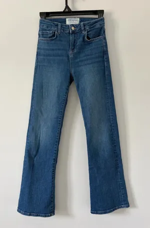 Voyageur by Mersea Nomad Cropped Mini Bootcut Flare Blue Denim Stretch Jeans 25 thumbnail 1
