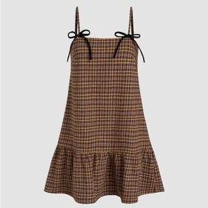 Cider Square Neck Check Ruffle Bowknot Babydoll Mini Dress thumbnail 3