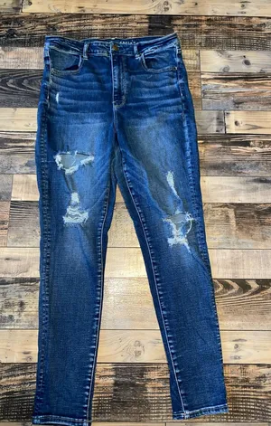 American Eagle Outfitters Distressed Skinny Dark Blue Jeans thumbnail 1