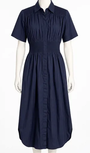 Sportmax Navy Midi Shirt Dress Size 10 Smocked Waist Button Front Pockets thumbnail 1