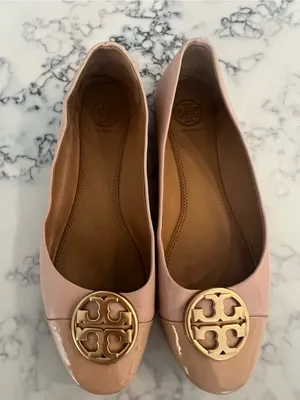 Tory Burch Blush Nude Leather Ballet Flats with Gold Logo Size 6 thumbnail 1