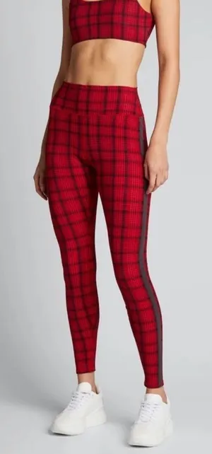 ALO‎ Yoga High Rise Occassion Leggings Red Plaid Reflective Stripe Size XS thumbnail 1