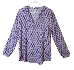 Matilda Jane Women Purple‎ Floral Print Pleated V-Neck Rayon Blouse Size Large thumbnail 1