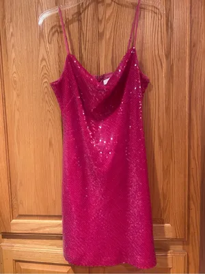 LIKELY Sequin Spaghetti Strap Draped Cowl Neck Mini Dress Fuchsia Pink Size 8 thumbnail 3