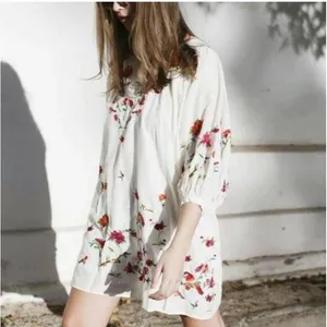 Zara Collection Dress Sz L Cotton Silk Blend Puff Sleeve Floral Embroidered thumbnail 14