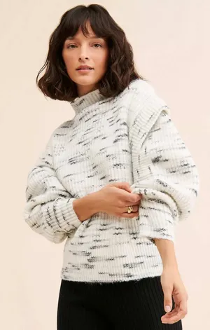 Varley Belgrave Dalmation Knit Mock Neck Sweater Balloon Sleeve Marled M Relaxed thumbnail 1