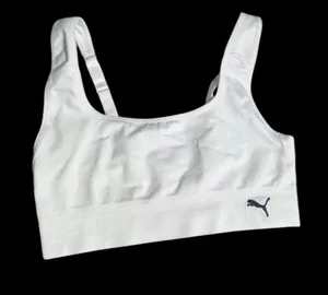 PUMA White Seamless Scoop Sports Bra with Black Logo thumbnail 1
