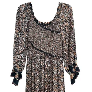 Angie Ditsy Floral Print‎ Maxi Dress Smocked Long Sleeve Bohemian Chic Ruffle thumbnail 2