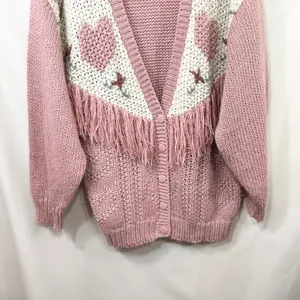 VTG Plus Size 20W Sweater Pink‎ Hand Knit Heart Fringe Cardigan Cottagecore 774 thumbnail 4