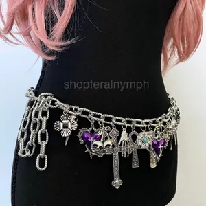 Silver Y2K Gothic Purple Heart Charm Chain Belt, Fits 14-40 Inches, X7GA1307 thumbnail 3