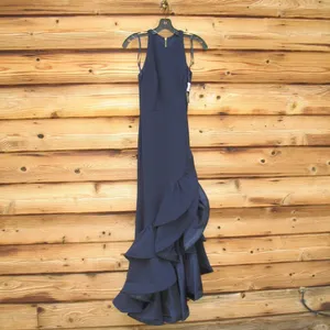 NWT Betsy & Adam Arielle Blue Size 2 Ruffle Hem Halter Gown Dress thumbnail 5