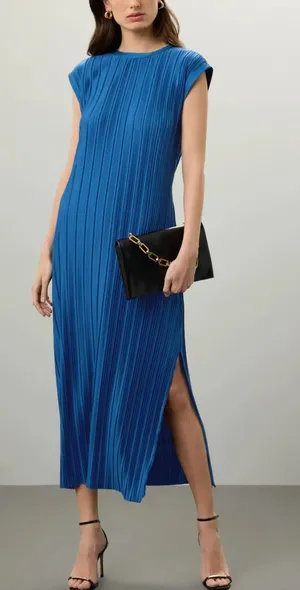 Atlein Navy Blue Plisse Pleated Midi Dress XS Shift Career Office Designer $260 thumbnail 1