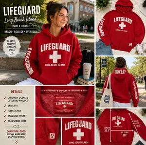 Lifeguard Hoodie Red Sweatshirt Small Coastal Long Island Beach Y2K Surfer thumbnail 2