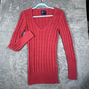 Y2K American Eagle V Neck Fitted Cable Knit Red Sweater Preppy Bella Swan Sz M thumbnail 2