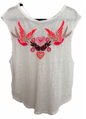 Free People Love Birds Tee Embroidered Lace-Back Muscle White Women's Size S/M thumbnail 1