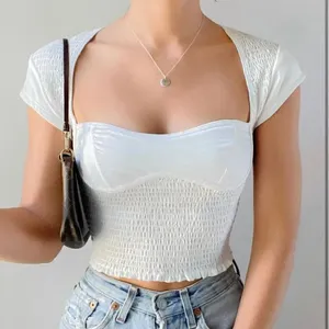 NWOT Free People Smocked Sweetheart Open Back Cap Sleeves Crop Top white ribbed thumbnail 1