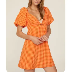 Louna Orange Gingham Mini Dress SMALL Peasant Puff Sleeve Milkmaid Cotton $108 thumbnail 3