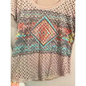 Maurices Women's Taupe Crochet Embellished Boho Geometric Print Tunic Top Size M thumbnail 2