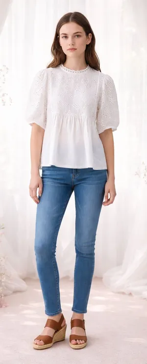 Jack + Avery White Cotton Eyelet Lace Top XL Short Sleeve Blouse Fairy Coquette thumbnail 1